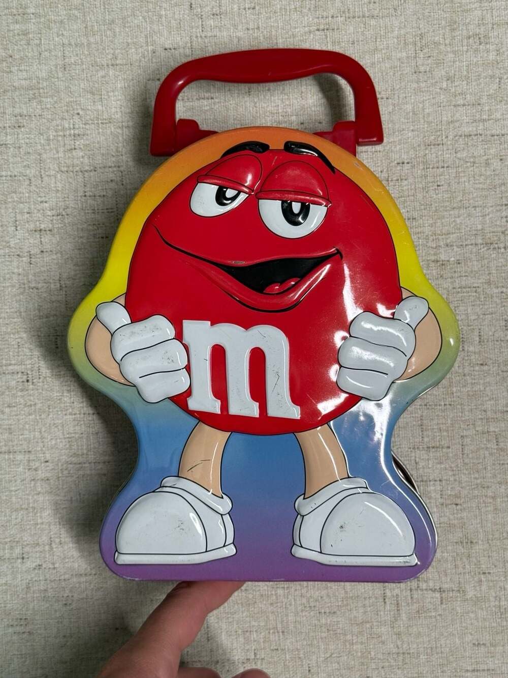 M&M's Red Character Tin Lunchbox Case with Handle Rainbow Design – Used